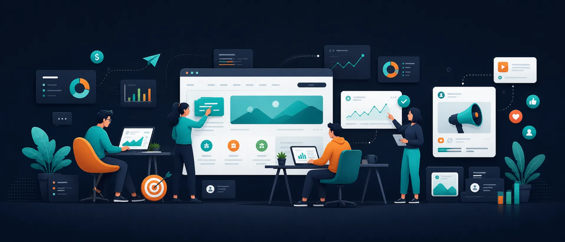 Wide digital marketing and web design team illustration with website, analytics, ads, SEO, and social media elements