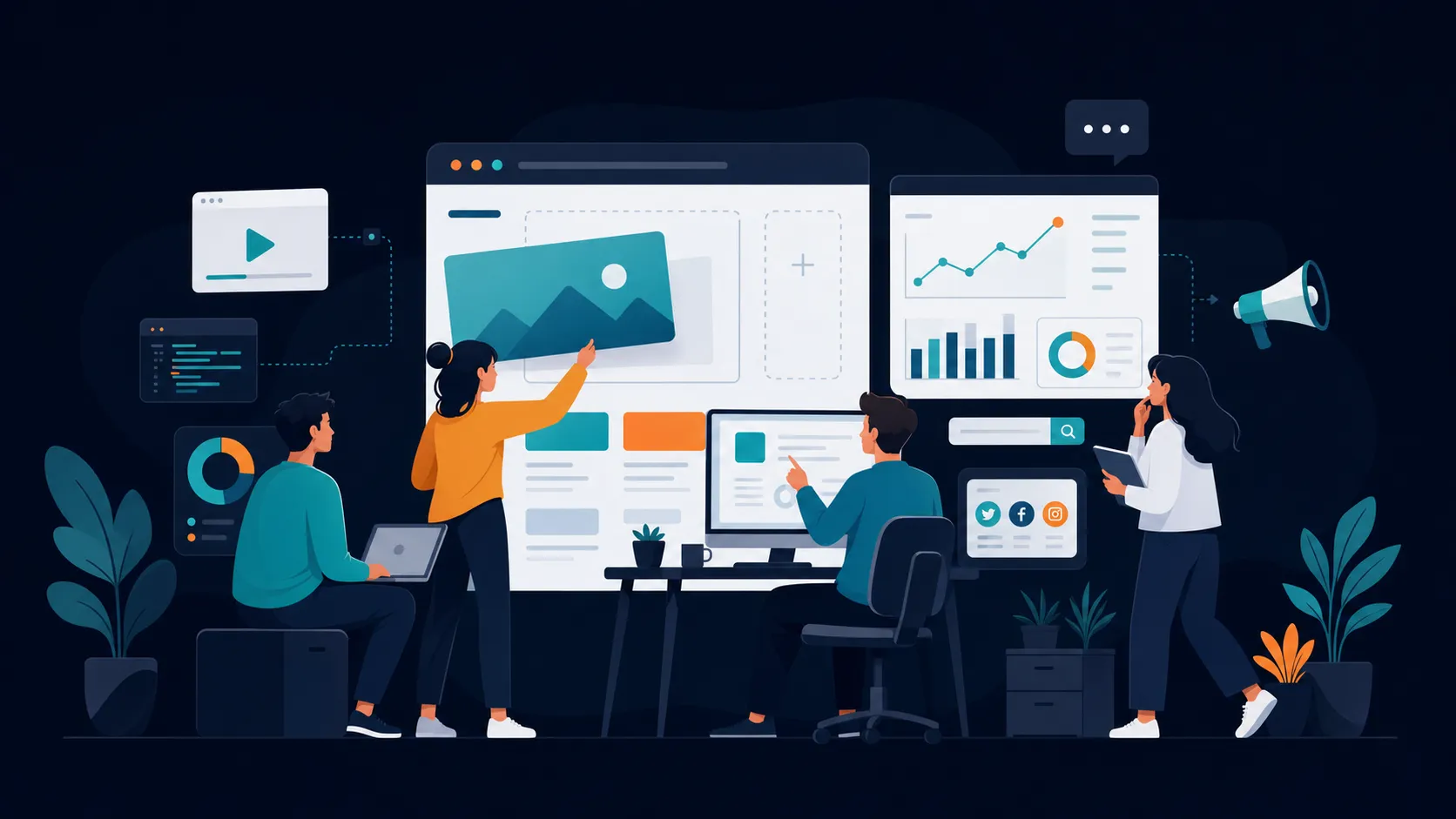 Digital agency team working on website design, analytics, and marketing dashboards
